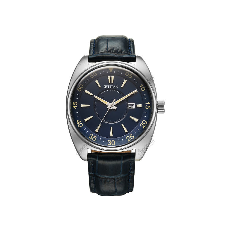 Titan Tonneau 90211SL01 Analog with Date Blue Leather Strap Men’s Watch
