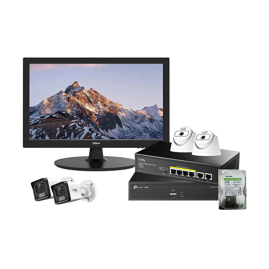TP-Link Indoor Show Room & Office CC TV Package (2x Bullet IP Camera, 2x Dome IP Camera, 1x NVR, Switch, HDD, Monitor) #RS-TP-007