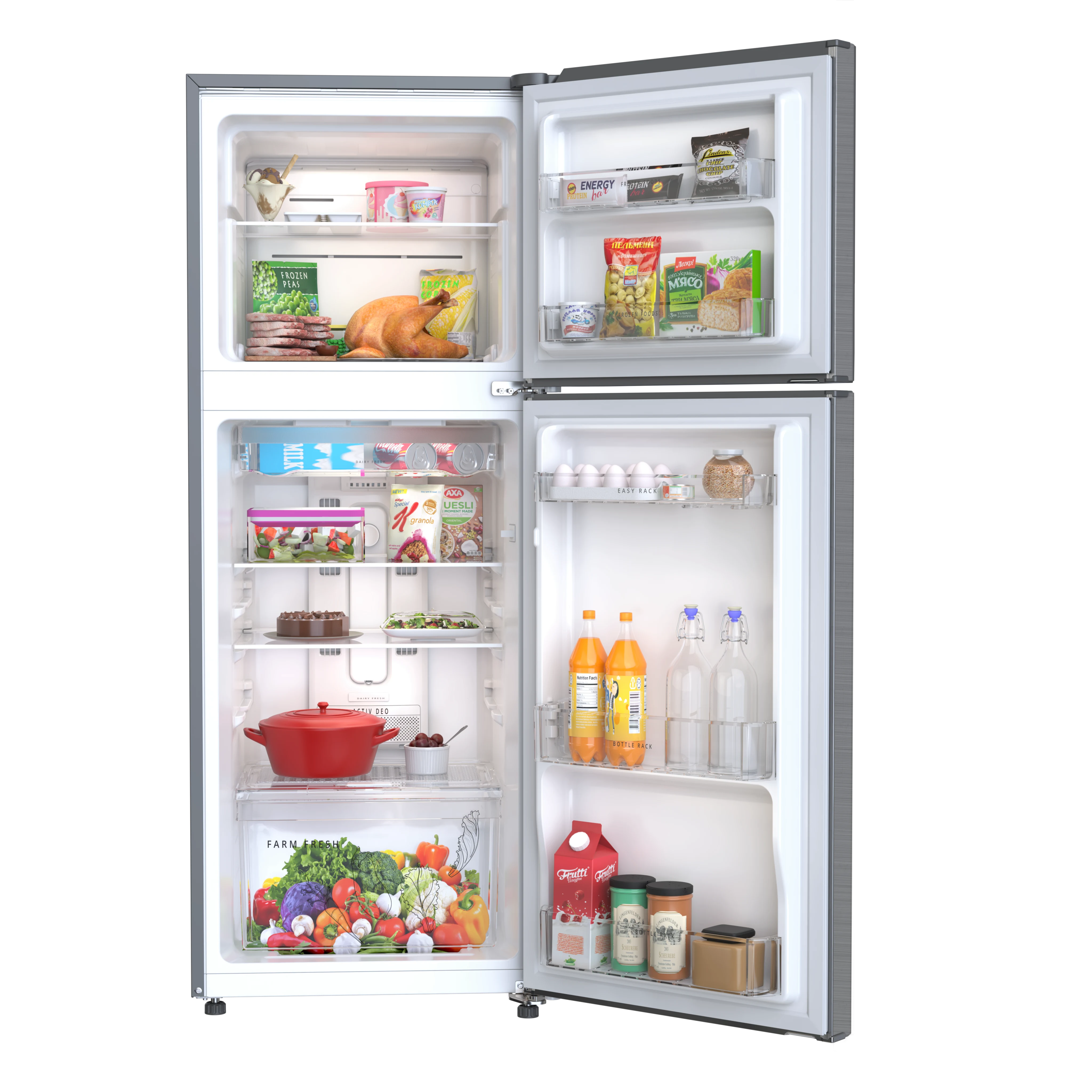 Whirlpool NEO 258LH CLS Plus refrigerator with doors open and example groceries