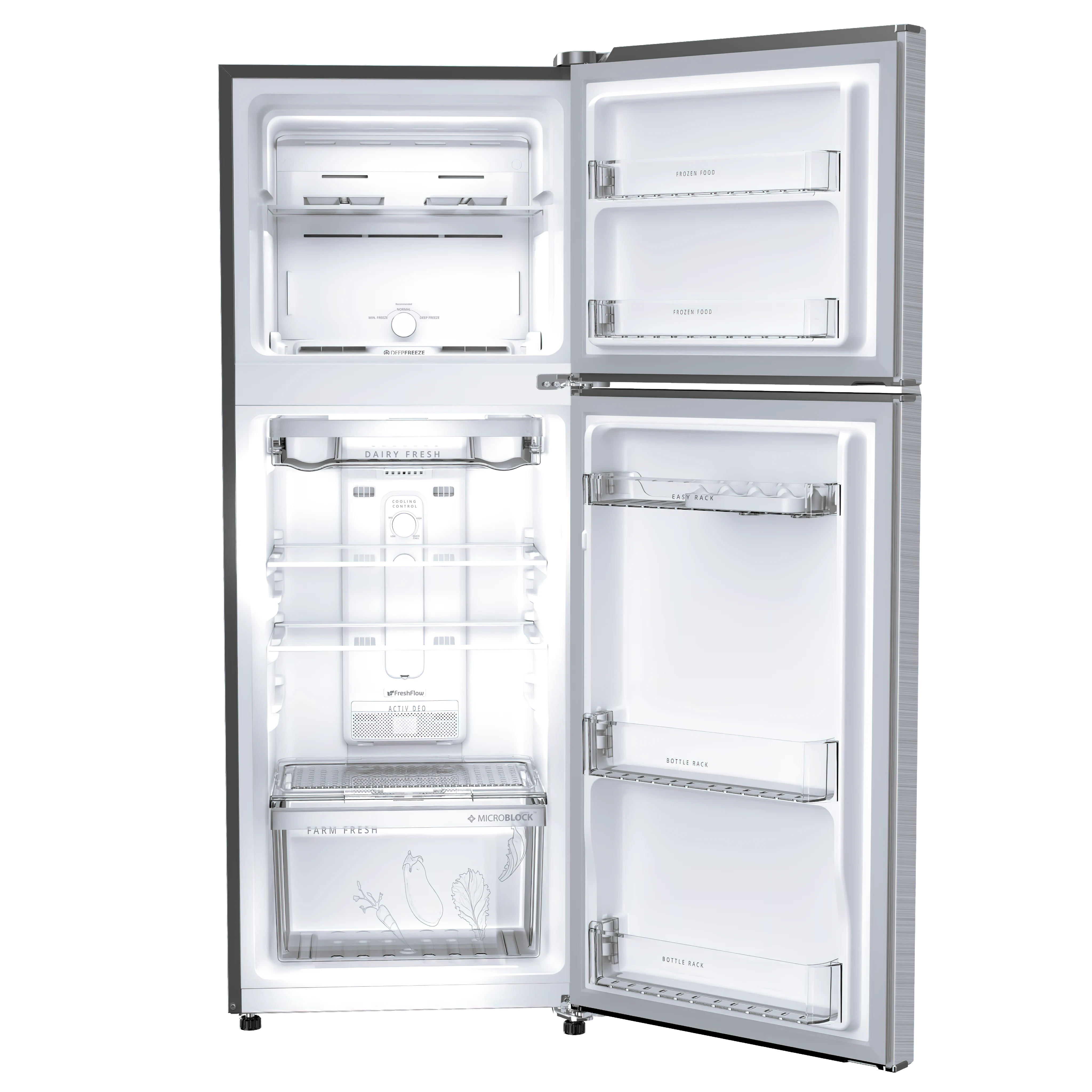 Whirlpool NEO 258LH CLS Plus refrigerator with doors open, empty interior