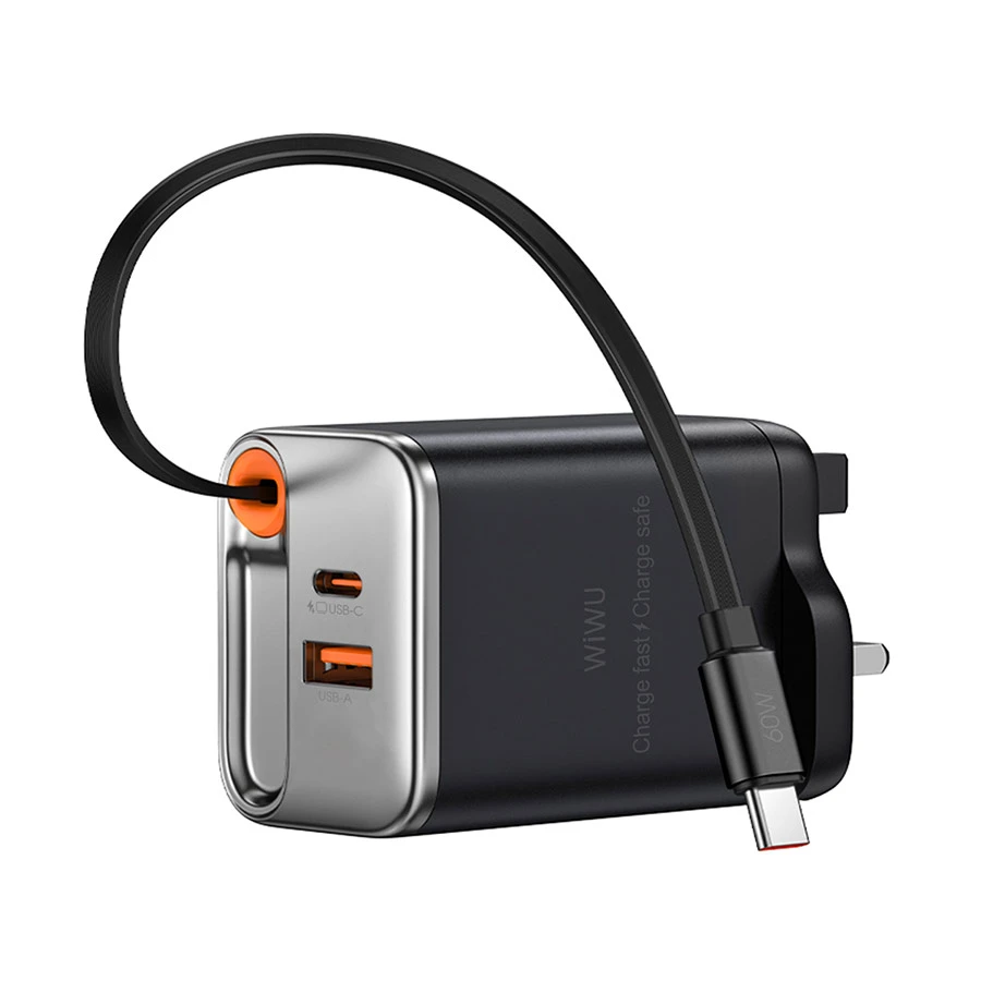WiWU 67W GaN USB & USB-C Charger / Charging Adapter with Retractable Built-in USB-C Cable #Wi-G020 (3 Pin, UK)