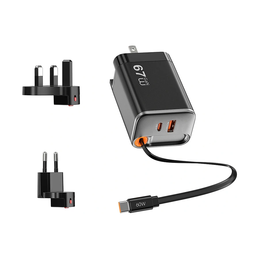 WiWU Helix Pro USB & USB-C 67W GaN Charger / Charging Adapter with Built-in Type-C Cable & EU, UK Plug Adapters #Wi-G027 (CN)
