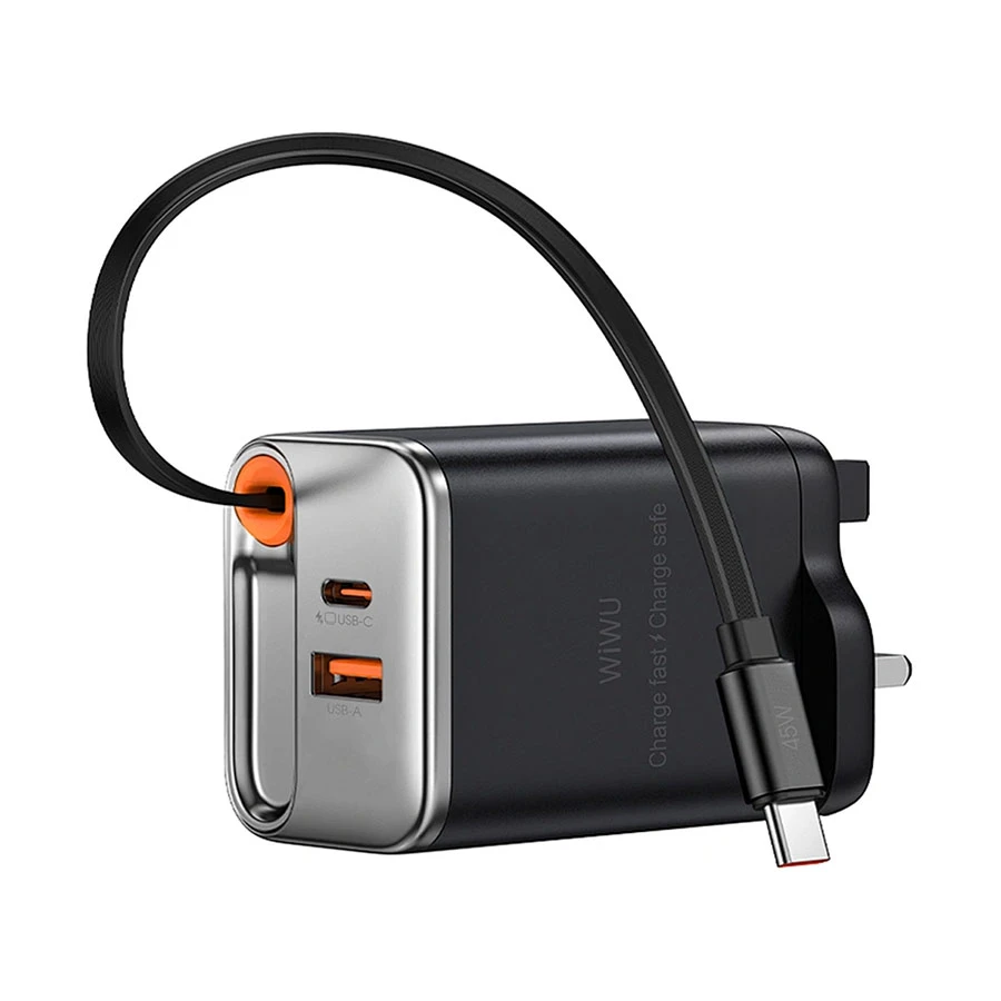 WiWU Helix USB & USB-C 35W GaN Charger / Charging Adapter with Built-in Type-C Cable #Wi-G029 (UK)