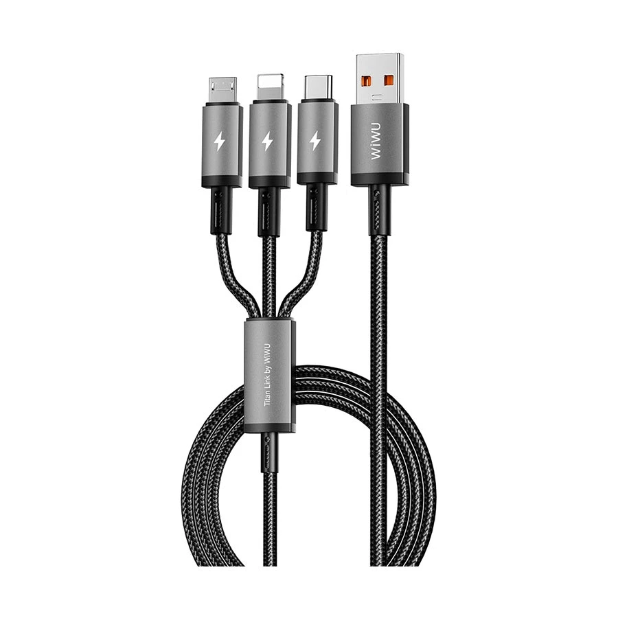 WiWU Titanlink 3-in-1 USB Male to USB Type-C, Micro USB & Lightning Male, 1.2 Meter, Charging Cable #Wi-C059 (66W) (A to C+M+L)