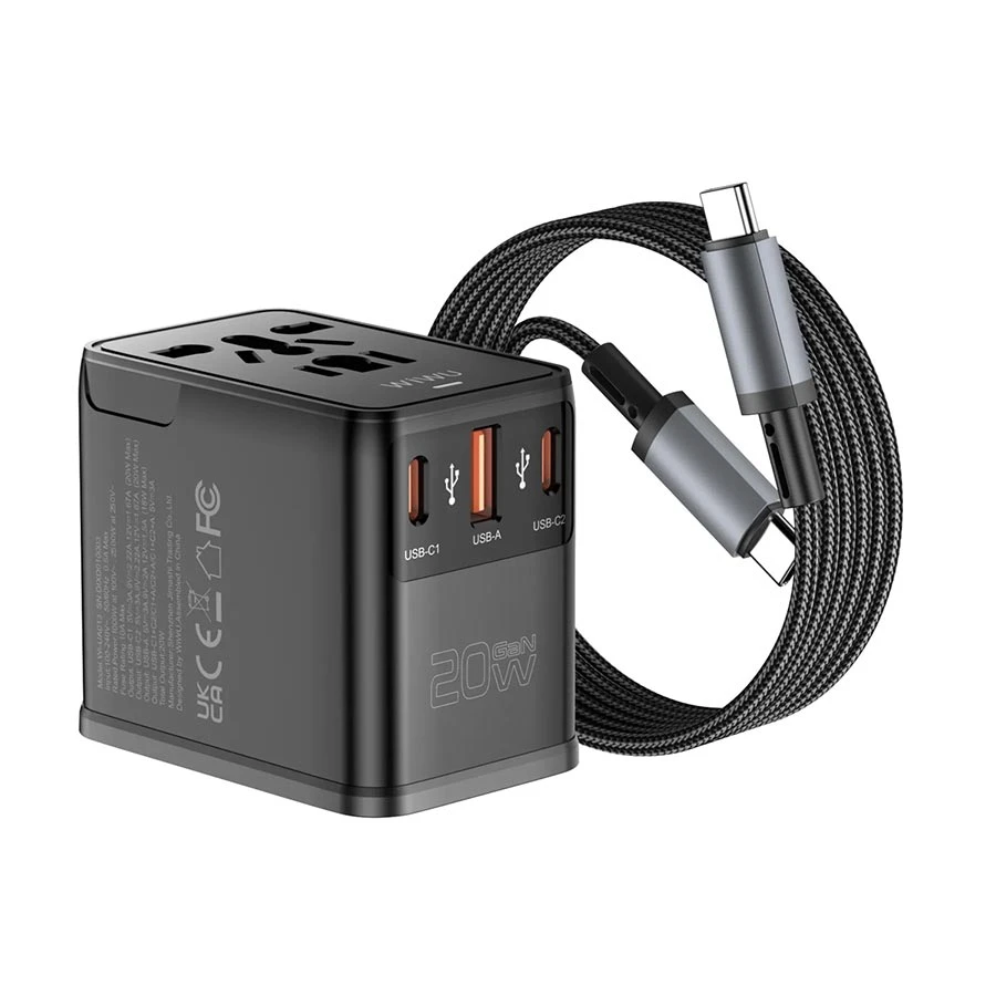 WiWU Universal Plug 20W GaN USB & Dual USB-C with AC Outlet Universal Travel Charger / Charging Adapter with USB-C to C Cable #Wi-UA013 (EU/UK/US)