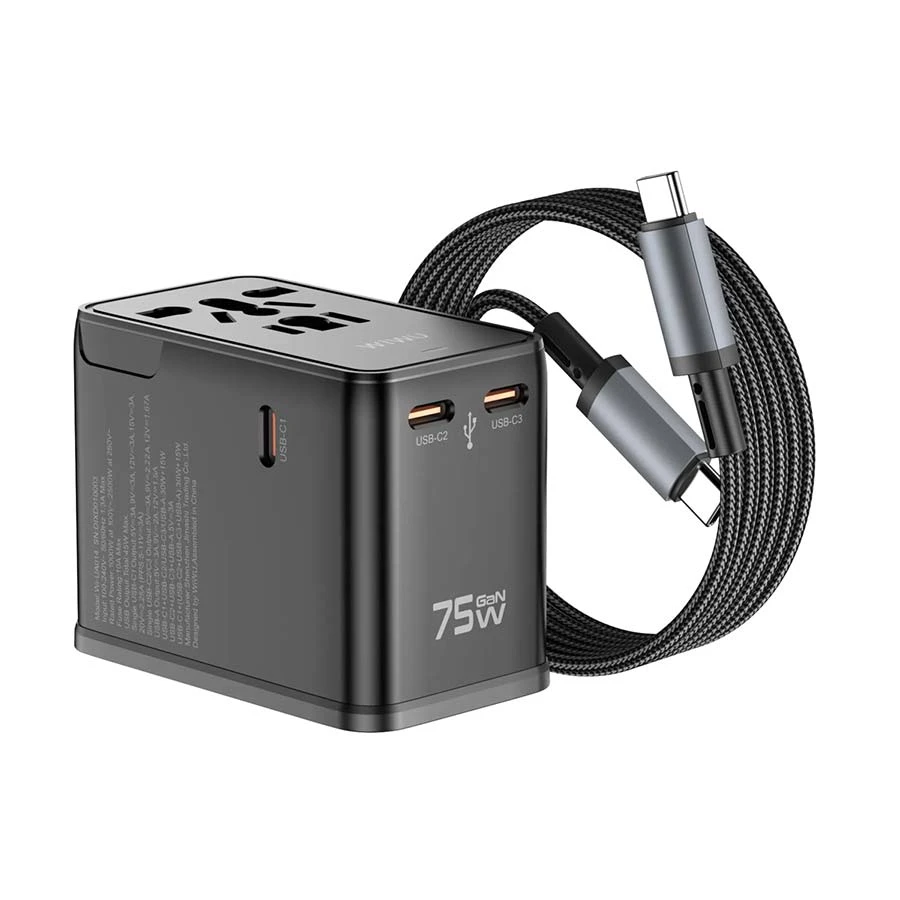 WiWU Universal Plug 75W GaN USB & Tri USB-C with AC Outlet Universal Travel Charger / Charging Adapter with USB-C to C Cable #Wi-UA015 (EU/UK/US)