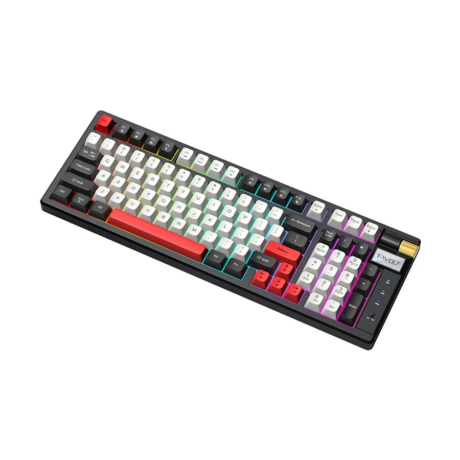 T-WOLF T70 RGB Tri Mode Hot Swap ( Switch) Black & White + Mechanical Gaming Keyboard